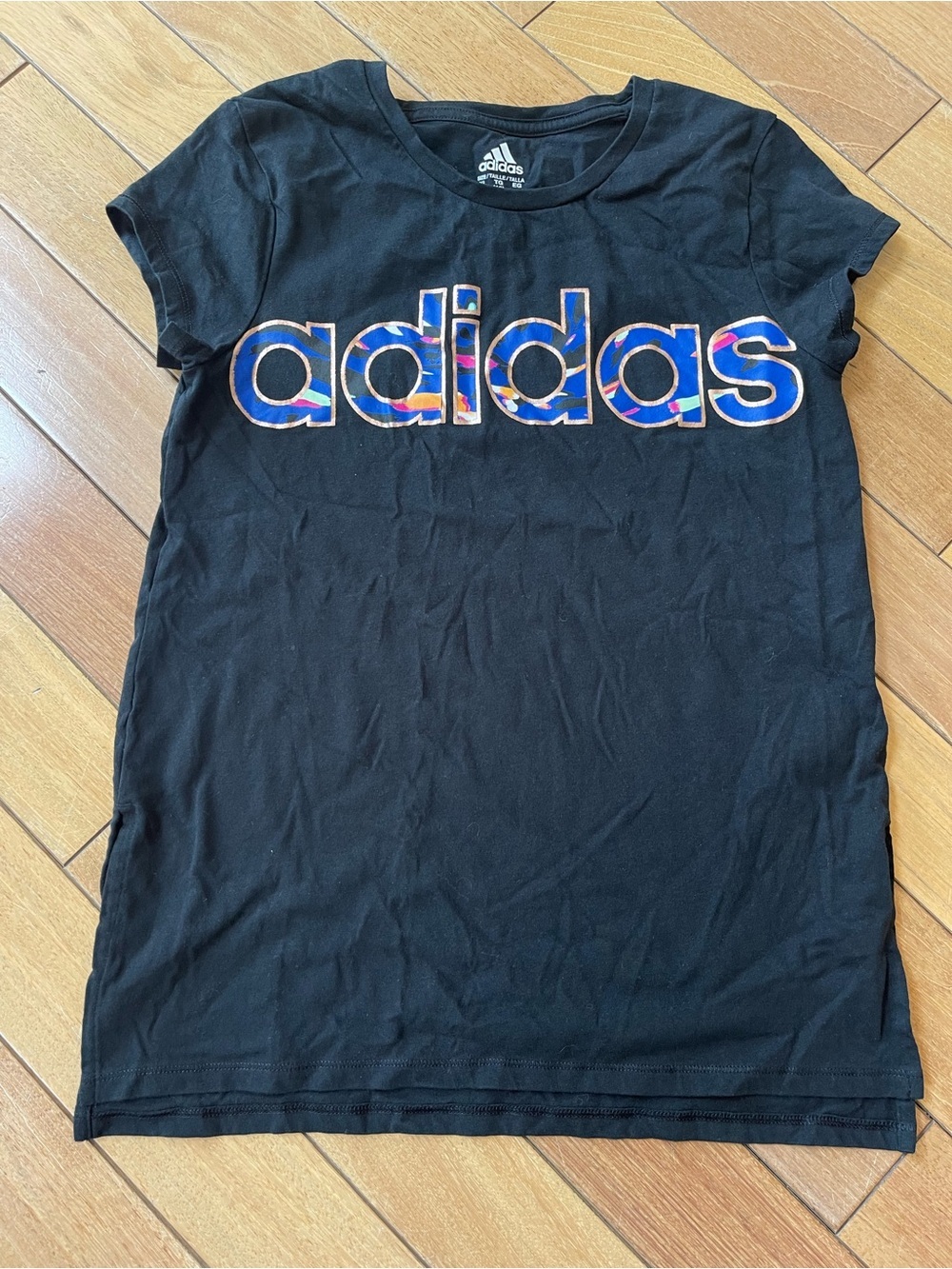 Adidas Girls Black Graphic Logo T-Shirt XL (16) Blue & Pink Print Tee